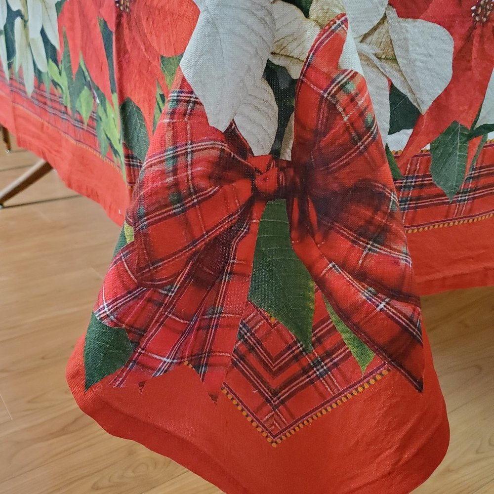 Vtg Christmas Tablecloth Poinsettia Holiday Red Plaid Bows 80"x60" Cotton Spain